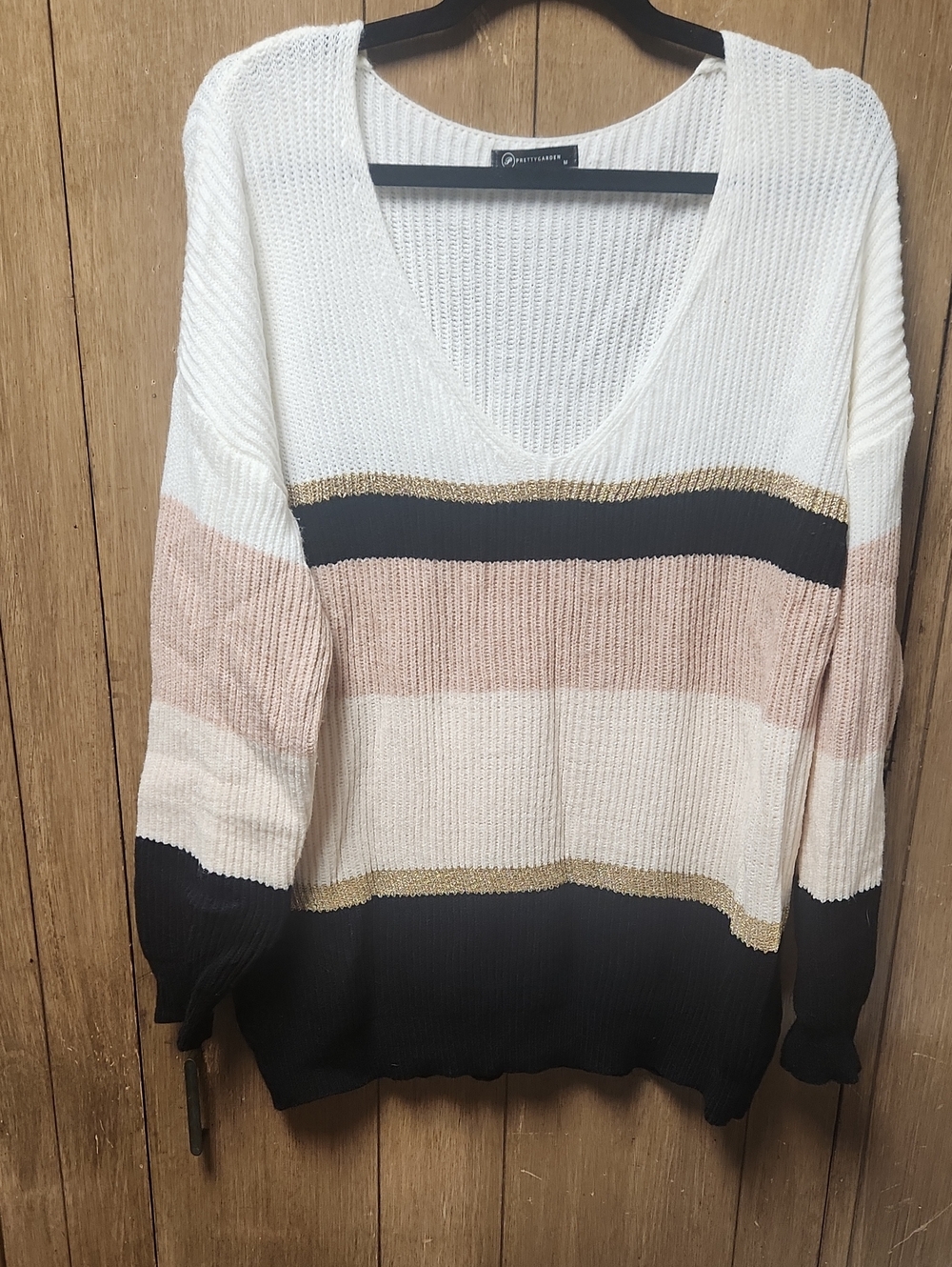 Velvet Heart V-Neck Striped Sweater in White, Blush & Black